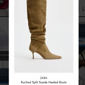 ZARA Leather Suede Heeled Ruched Boots - sandy brown